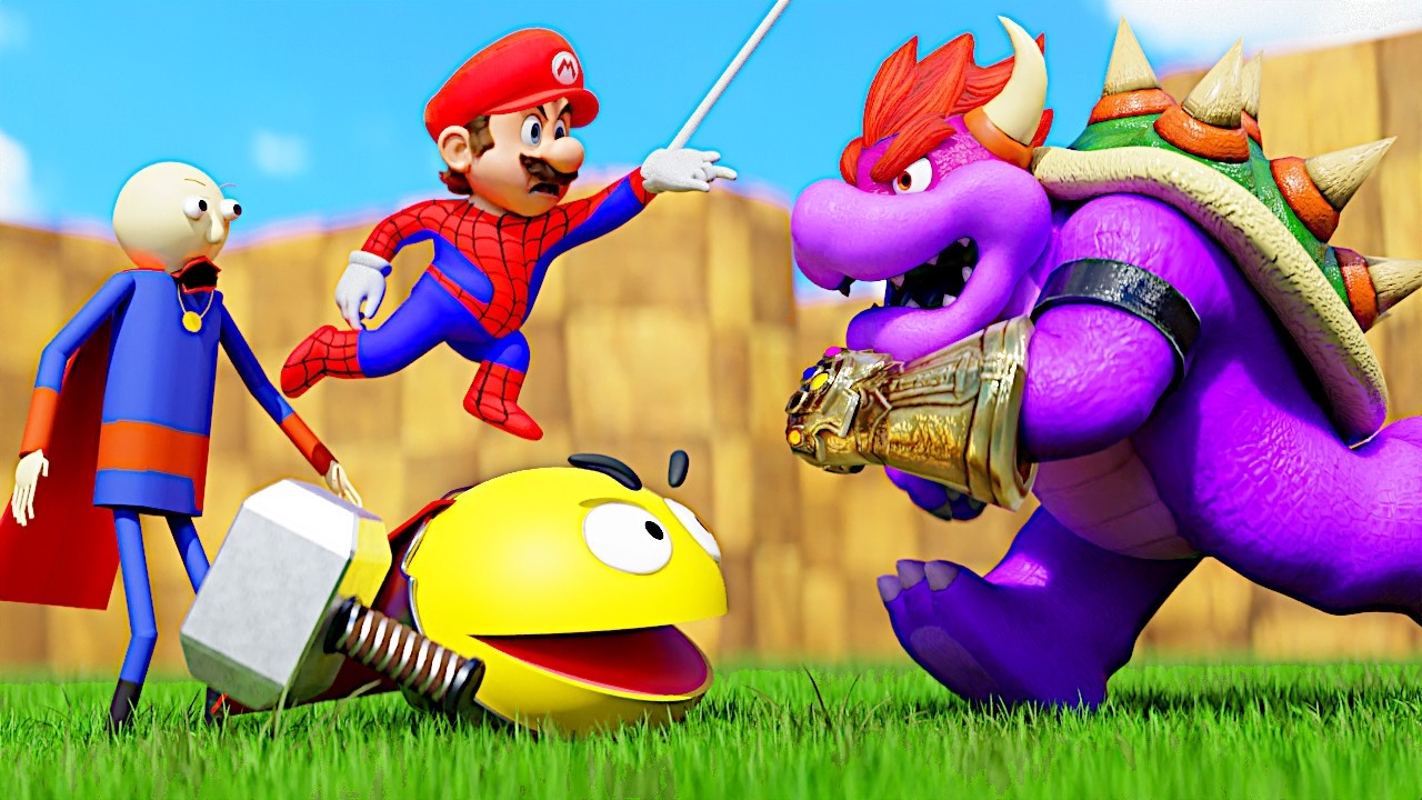 Spider Mario Thor Pacman, Batman Toad vs Thanos Bowser - YouTube