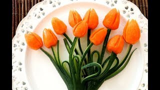 Beautiful Carrot Tulips Flowers Design - Vegetable Carving Garnish - Sushi Garnish - Food Decoration