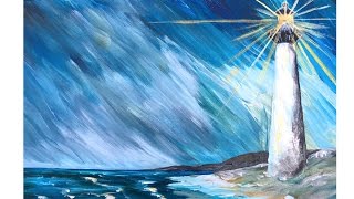 Lighthouse in a Storm - Step by Step Acrylic Painting on Canvas for Beginners | TheArtSherpa