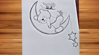 teddy bear sleeping on moon,bunny sleeping on moon drawing