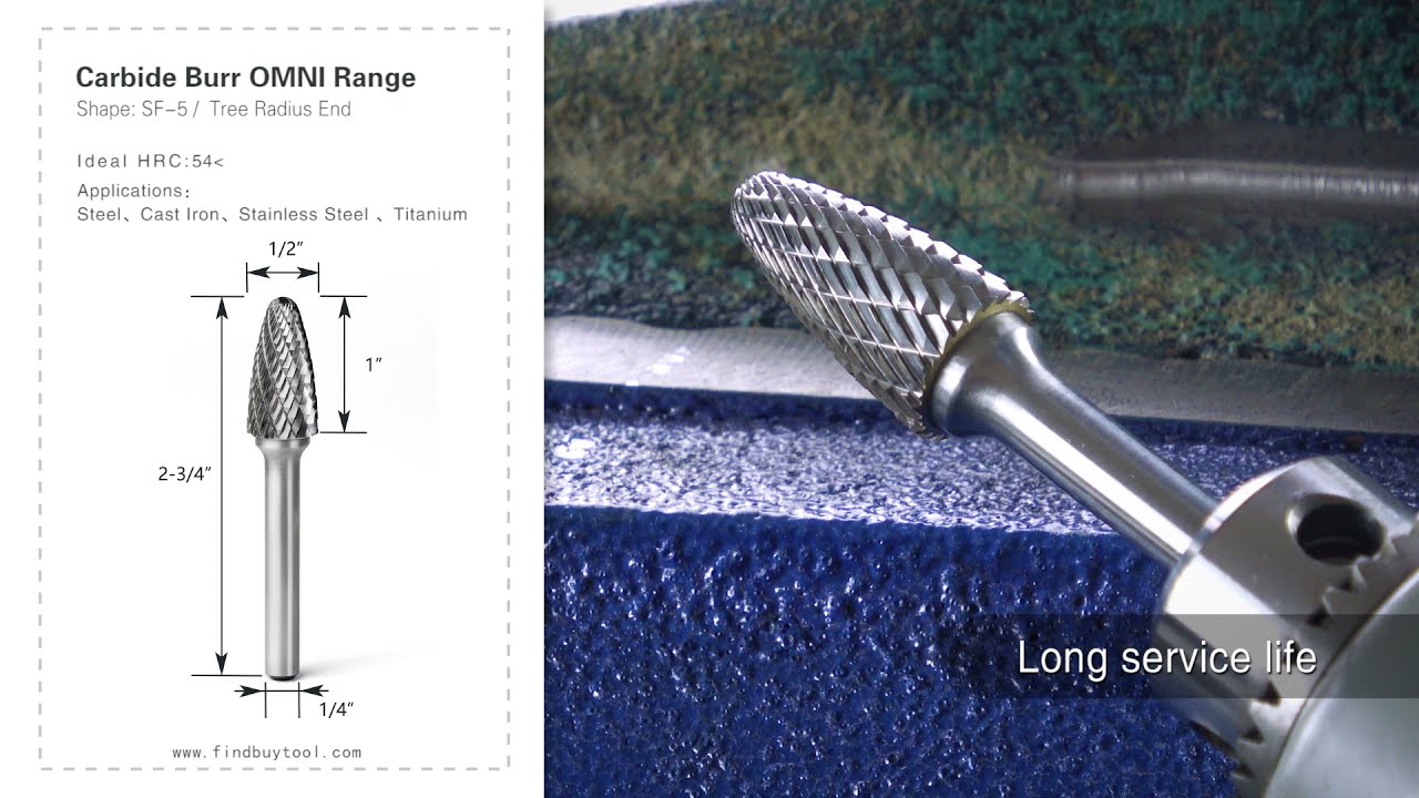 Carbide Burr SF-5 Radius Radius End Omni Range Head D 1/2 x 1L, 1/4 Shank, 2-3/4 pulgadas de longitud completa