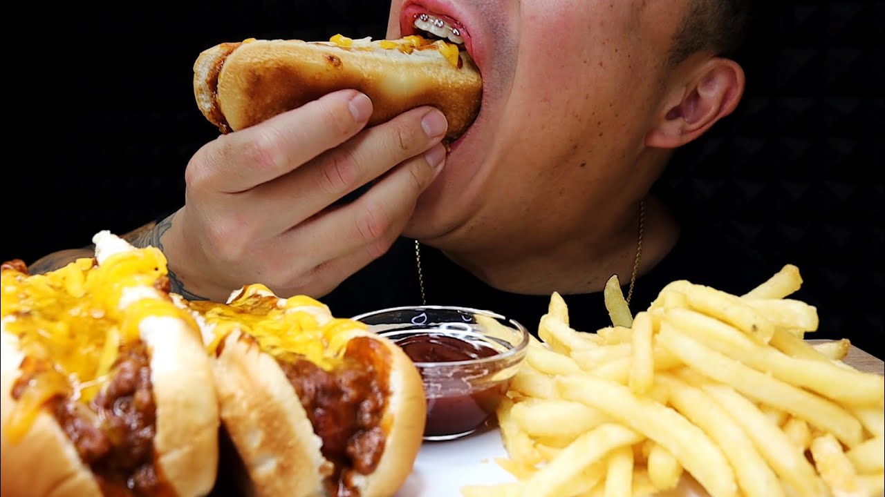 CHILI CHEESE DOGS WITH FRENCH FRIES ASMR