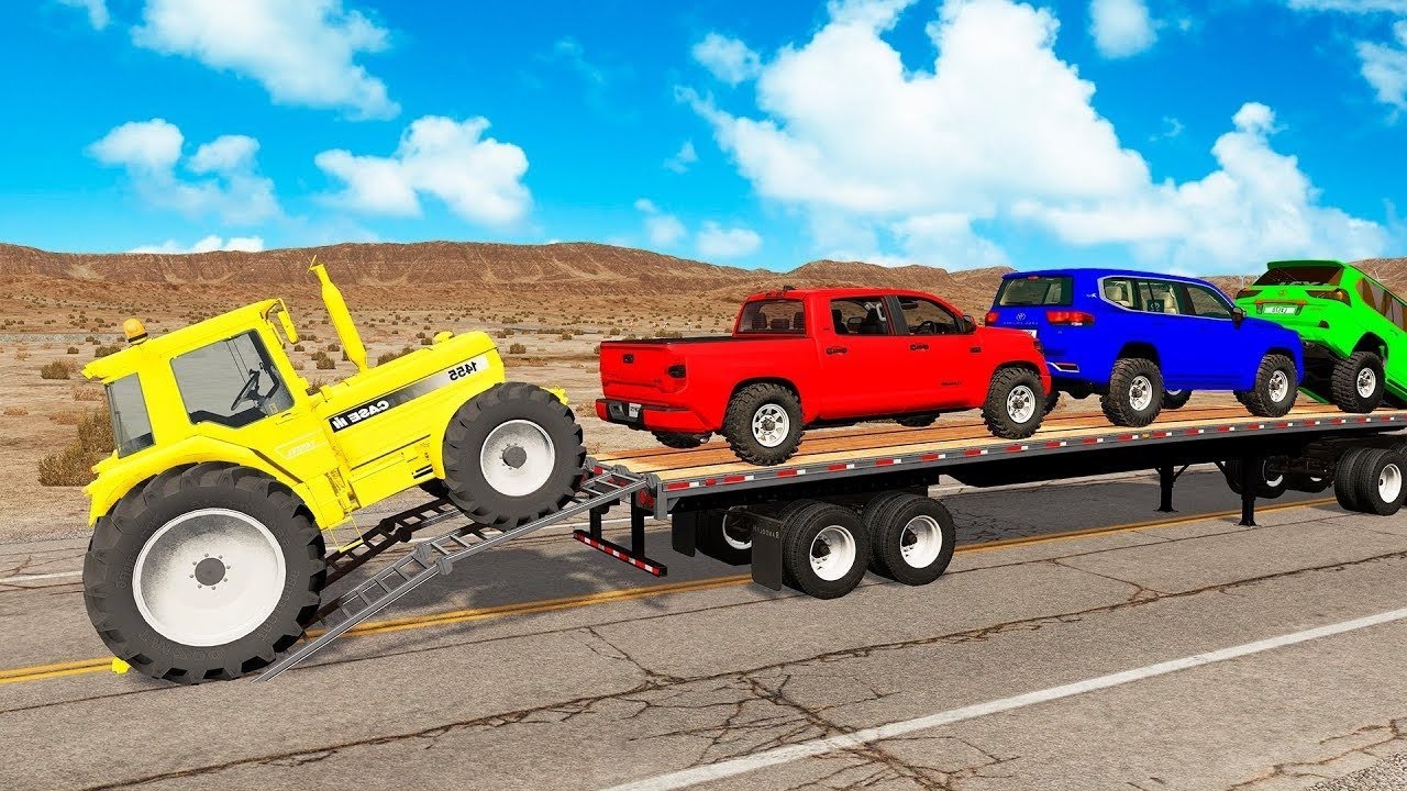 Four Trucks Transporting cars with Flatbed Trailers | Cars vs Speedbump vs Train vs Pothole #4