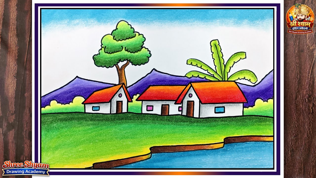 Easy Scenery Drawing Step by Step | Simple Village Sunset Sketch for Beginners