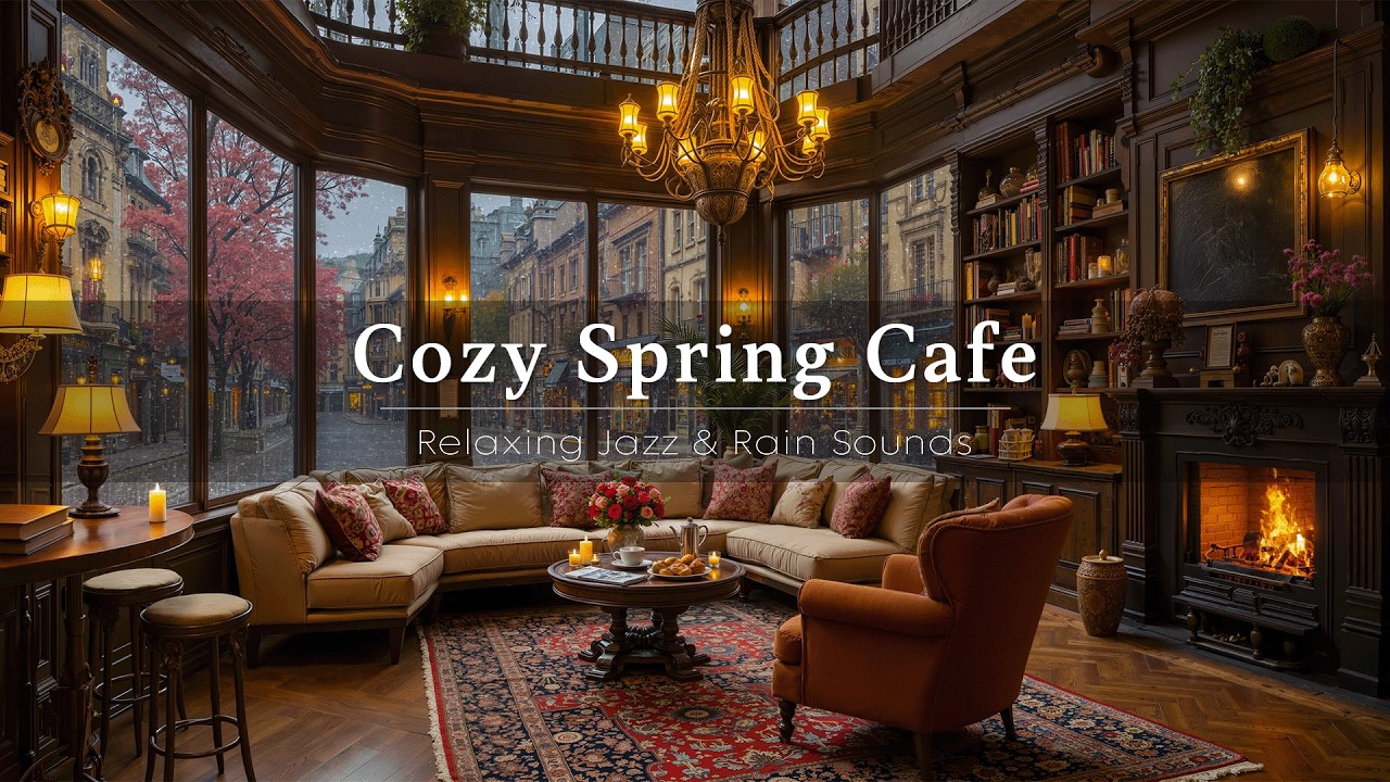 Jazz Relaxing Music in Cozy Spring Coffee Shop Ambience ☕ Soothing Jazz Piano & Rain Sounds for Work