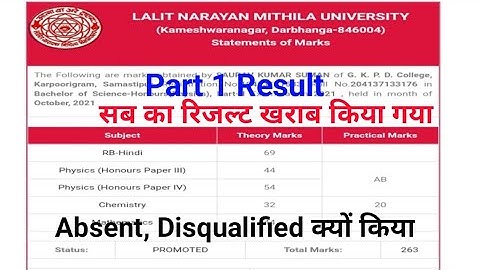lnmu part 1 Result। lnmu part 2 result। Absent, Disqualified kyo kiya Mithila university