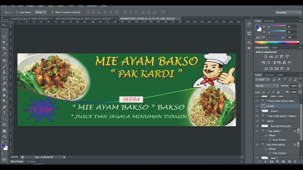 cara membuat banner usaha Mie Ayam Sederhana | Photoshop cs6 - YouTube