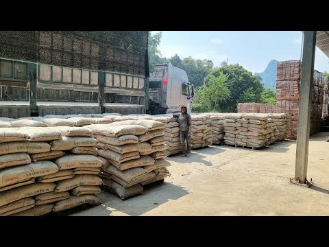 Construction cement trucks loaded and unloaded under the hot sun