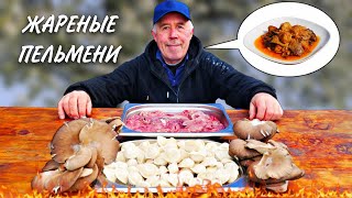 КУШАЕМ и СЛАВИМ - ЖАРЕНЫЕ ПЕЛЬМЕНИ по СИБИРСКИ с ПЕЧЕНЬЮ и ОВОЩАМИ в СКОВОРОДЕ на КОСТРЕ