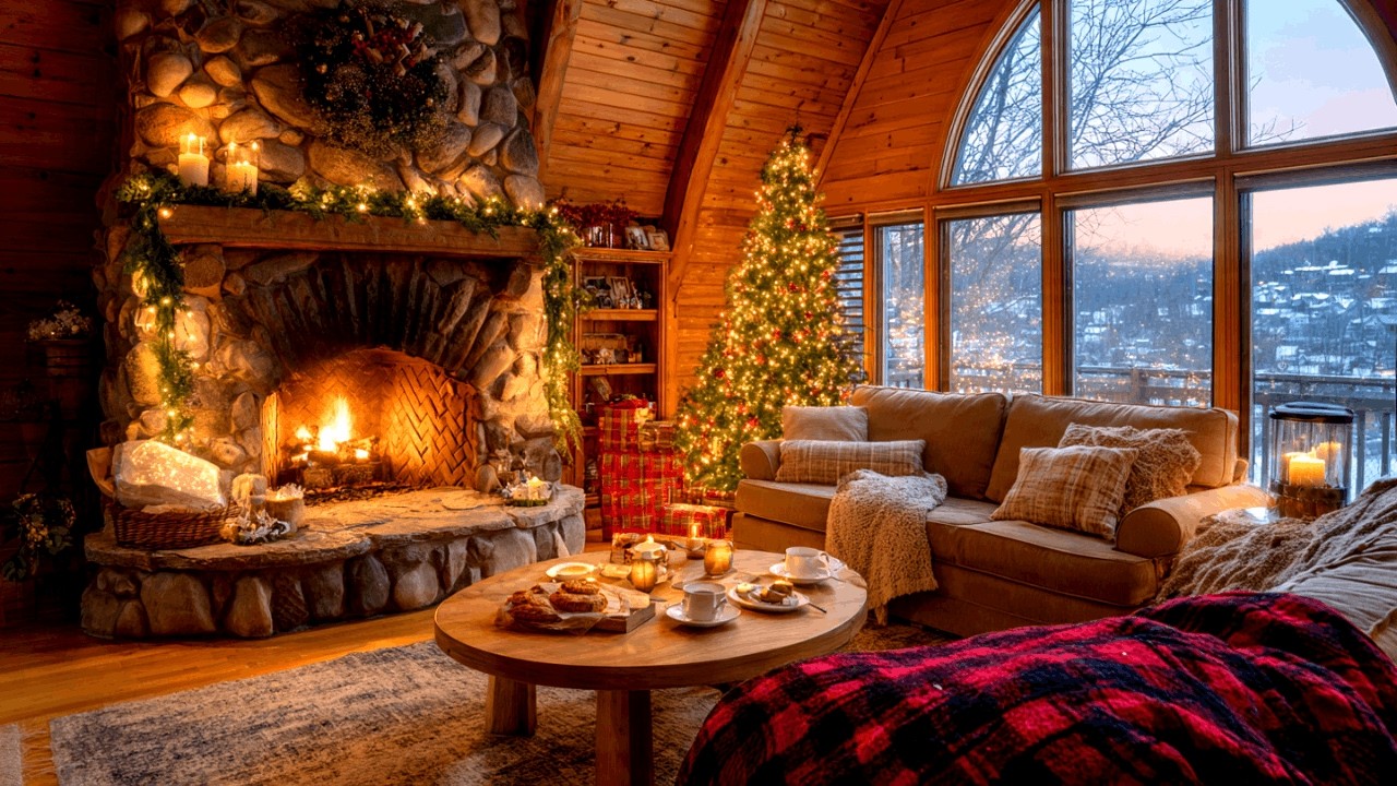 Cozy Christmas Jazz Fireplace for Deep Sleep on Snowy Nights with Calm Winter Ambience