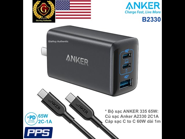 Bộ sạc B2330: Củ sạc ANKER 335 PowerPort PPS/PD 65W 2C-1A kèm Cáp sạc USB-C to USB-C PD 60W dài 1m