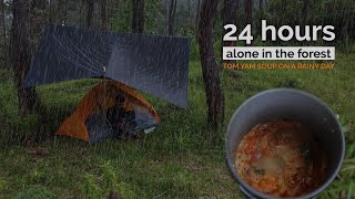 Solo Camping: A Rainy Day, Foggy and Thunder in Pine Forest, Cooking Tom Yam, ASMR