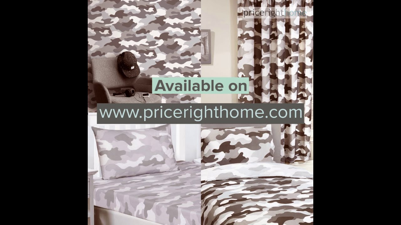 Grey Camouflage Bedroom Range - Duvet Cover Sets, Fitted Sheet Sets, Curtains, Wallpaper