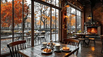 Cozy Autumn Rain Coffee Shop Ambience & Crackling Fireplace 🍁Soothing Jazz Music for Relaxing, Calm