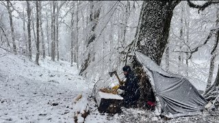 2 Days winter camping Alone : Survival in the snowstorm and building a fire place