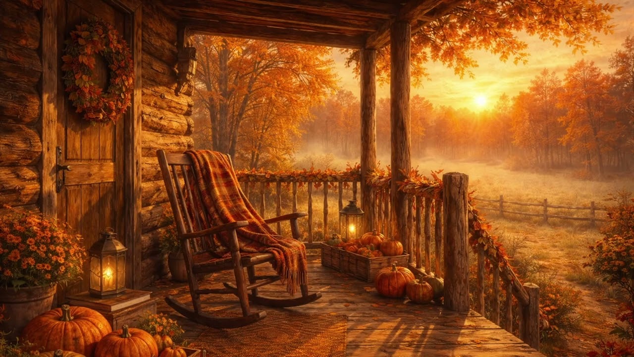 Fall Cabin Porch at Sunrise – Cozy Autumn TV Art (No Audio)