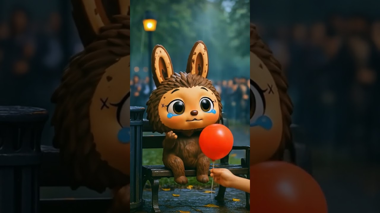 Labubu’s Joy on a Rainy Day – Receiving a Red Balloon