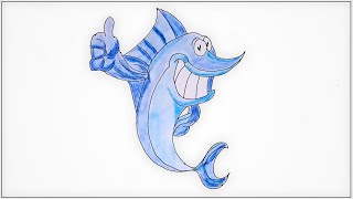 How to draw a Cure Cartoon swordfish. Drawing art illustration in a simple way step by step