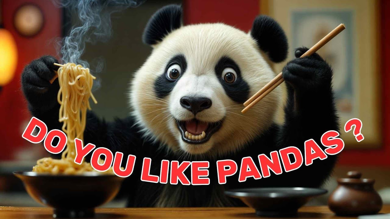 Panda eating noodles in the restaurant 🍜