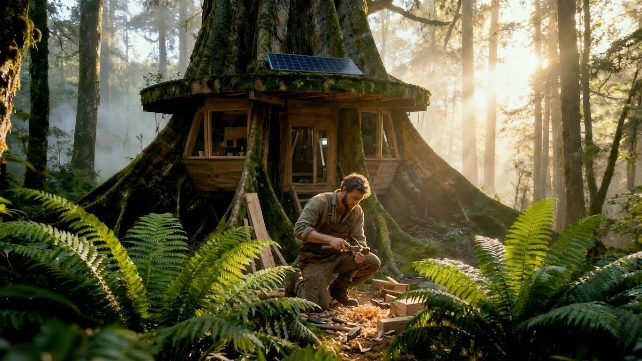 This Man Builds House INSIDE Giant Tree Trunk | ASMR Building in the Forest