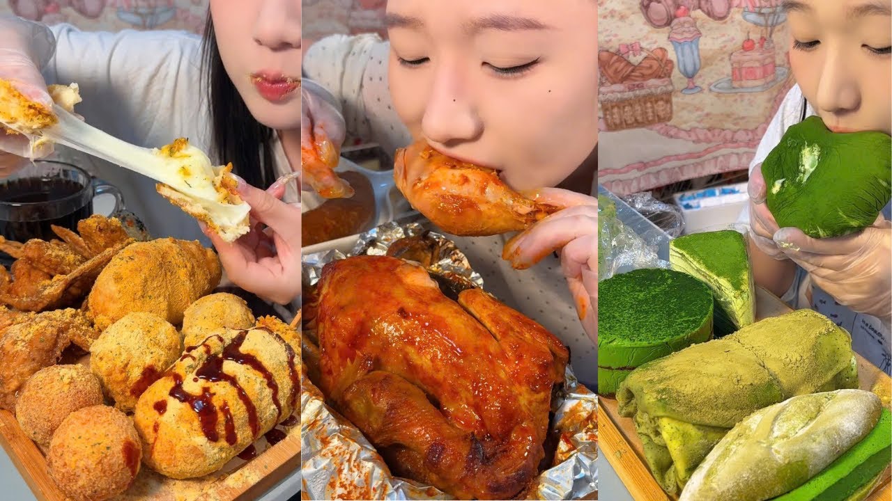 Juicy Roasted Chicken, Crispy Cheese Balls & Creamy Matcha Cake Mukbang ASMR