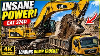 Caterpillar 374D Excavator Loading Dump Trucks | Powerful Heavy Equipment in Action (4K)