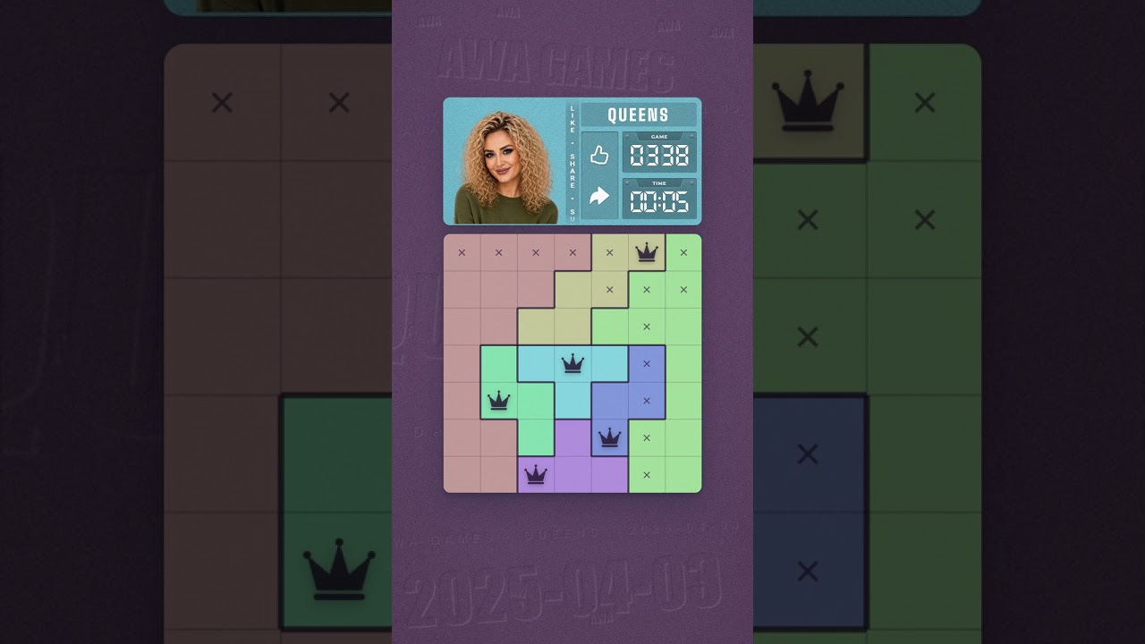 LinkedIn Queens #338 solved board for April 3, 2025, 7x7 grid
