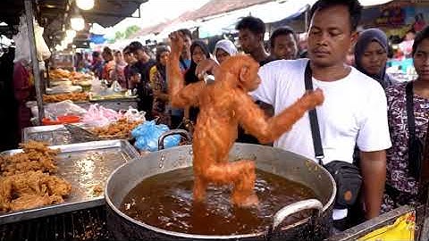 Frying Monkey-Shaped Snacks in a Busy Indonesian Market | Funny & Unique Street Food Indonesia