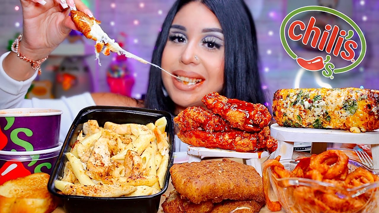 ASMR MUKBANG CHILIS HONEY CHIPOTLE CRISPERS CHICKEN PASTA STREET CORN CURLY FRIES EATING SOUNDS