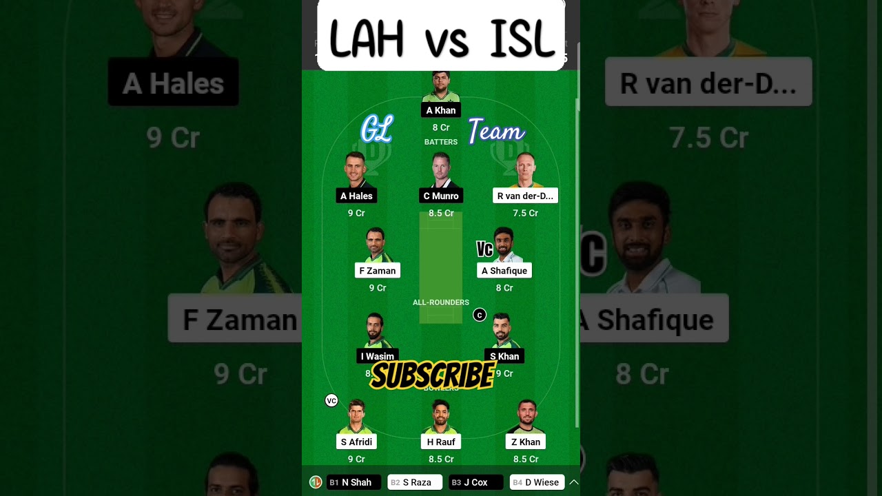 LAH vs ISL dream 11 team | GL team | 