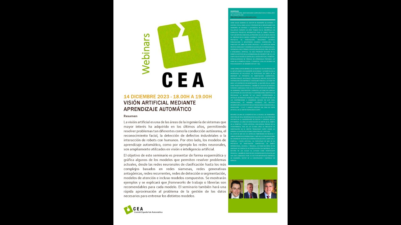 WEBINAR CEA : VISIÓN ARTIFICIAL MEDIANTEAPRENDIZAJE AUTOMÁTICO - YouTube