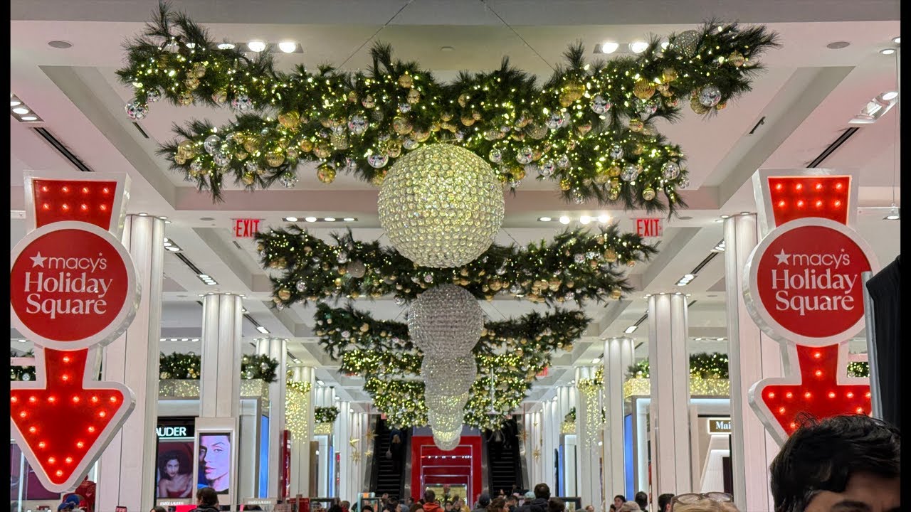 NYC LIVE inside Heard Square Holiday Market, and Macys Christmas lights, and walk in NYC
