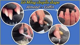 Gỡ móng bột chuyển shape almond sang coffin - đắp bột - Thang Pham