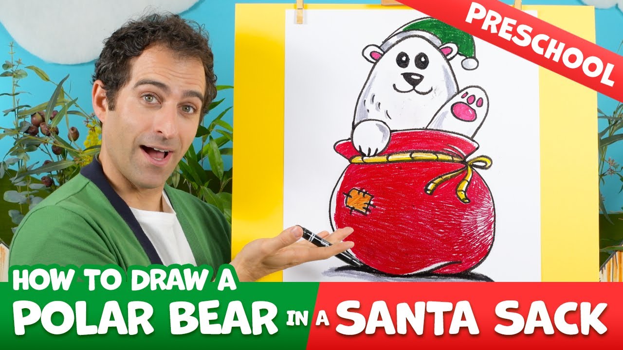 How to Draw a POLAR BEAR in a Santa Sack – PRESCHOOL Christmas Drawing Lesson!