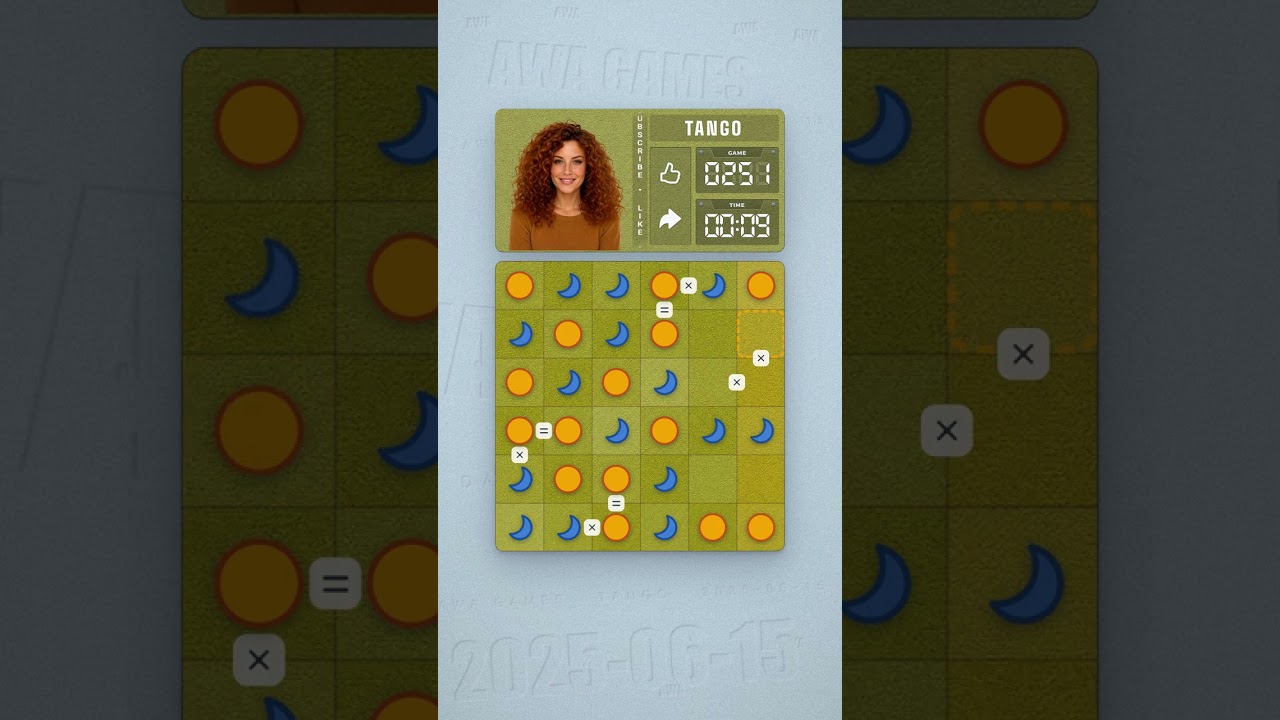 LinkedIn Tango #251 solved board for June 15, 2025, 6x6 grid