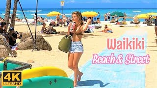[4K] HAWAII - WAIKIKI - People watching on Kalakaua Ave., Waikiki Beach, and Queens Beach
