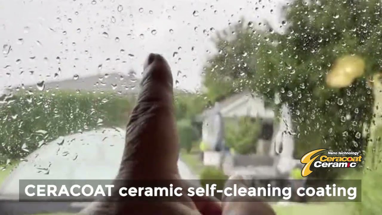 Ceracoat Ceramic self-cleaning coating: Hydrophilic vs/ Hydrophobic showed  on a window during rain 