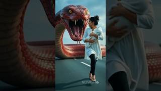 🐍 Giant Red Snake Chasing Mother & Baby on Highway 😱 | Shocking AI VFX Snake Attack #shorts