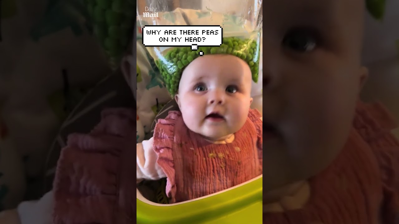 Baby reacts to bag of peas on head