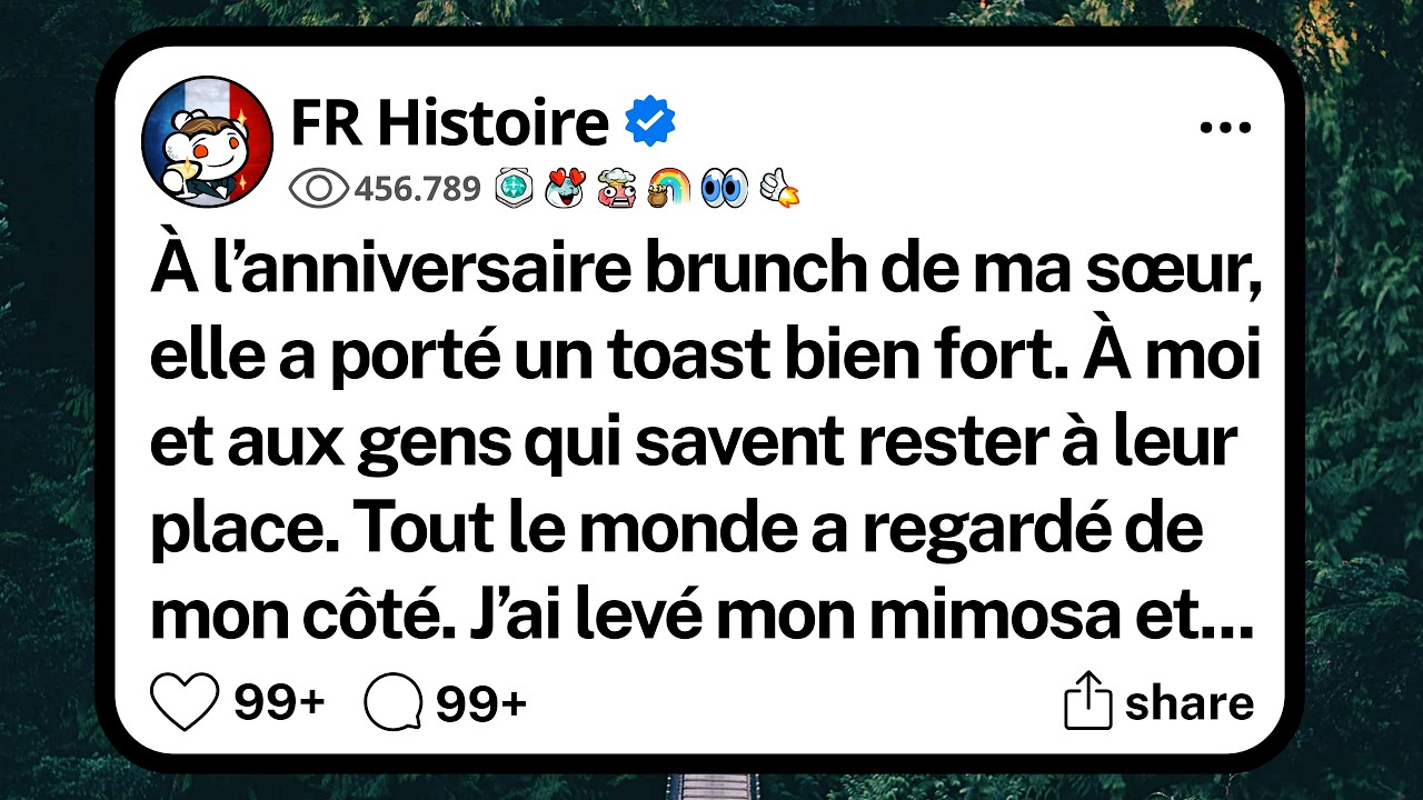 « À moi et aux gens qui savent rester à leur place. » Ma sœur a levé son verre en me fixant, toute la table s’est tournée vers moi. J’ai souri, levé mon mimosa et répondu : « Et moi, je bois à...