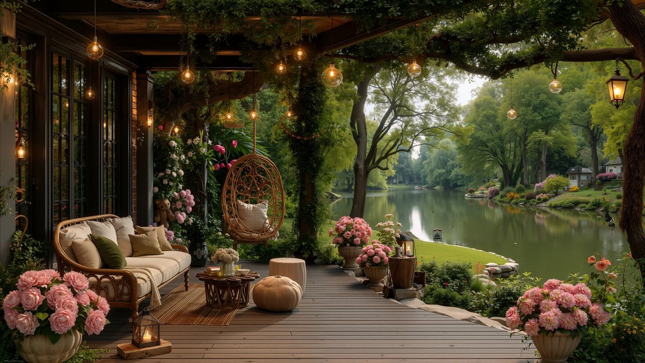 Elegant Morning Jazz in a Lakeside Ambience ☕ Outdoor Forest Porch Café for Work, Study & Relaxation