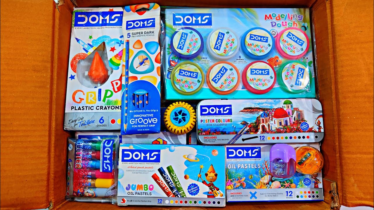 Unboxing DOMS Stationery 📚, Modelling Dough, Wax Crayons, Poster Colour, Eraser, Glitter, Oil Pastel