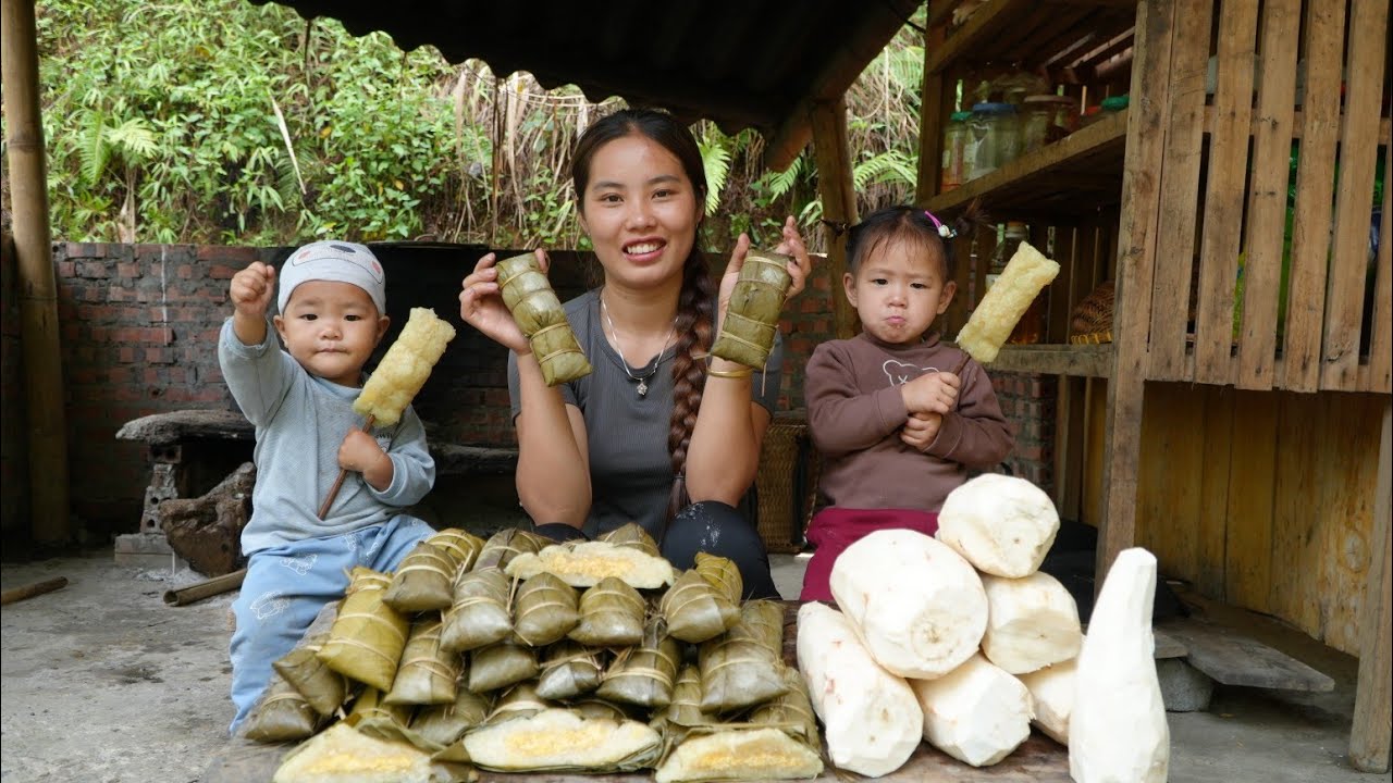 How to make giant banh chung with cassava flour to sell at the market with two small children