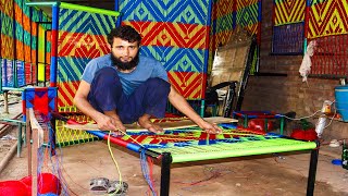 Artistic  Technique of Weaving a Cot | Amazing Designed Nylon Rope Cot Weaving #cot weaving