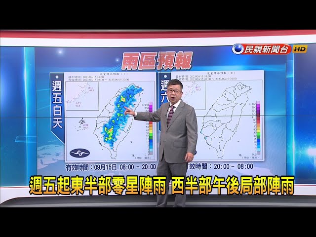 2023/09/15 週五起東半部零星陣雨 西半部午後局部陣雨－民視新聞