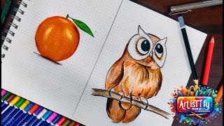 How to draw an Orange | How to draw an Owl | Easy Pencil Course