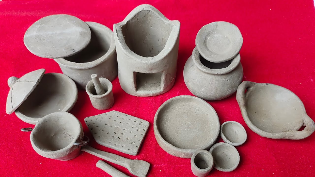 মাটি দিয়ে রান্না বাটি তৈরি/easy  way to make a clay kitchen set