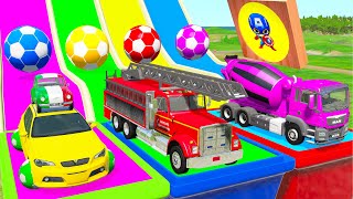 Transporting Cars with slide Color - Monster Truck Flatbed Trailer Truck Rescue Bus - Cars vs Train