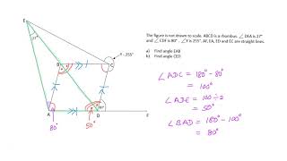 Singapore PSLE Math practice question with answers - Finding unknown angles in geometric figures.