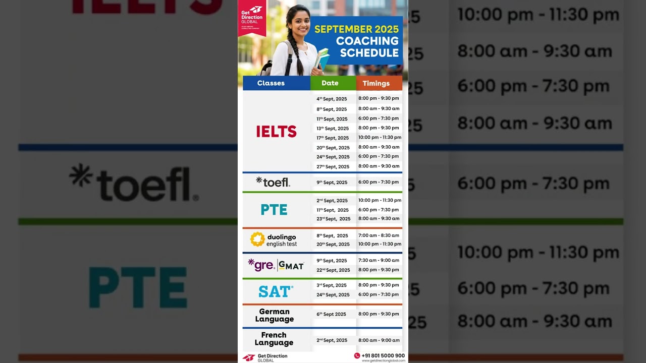 September 2025 Coaching Schedule | IELTS, TOEFL, PTE, GRE, GMAT, SAT, Languages
